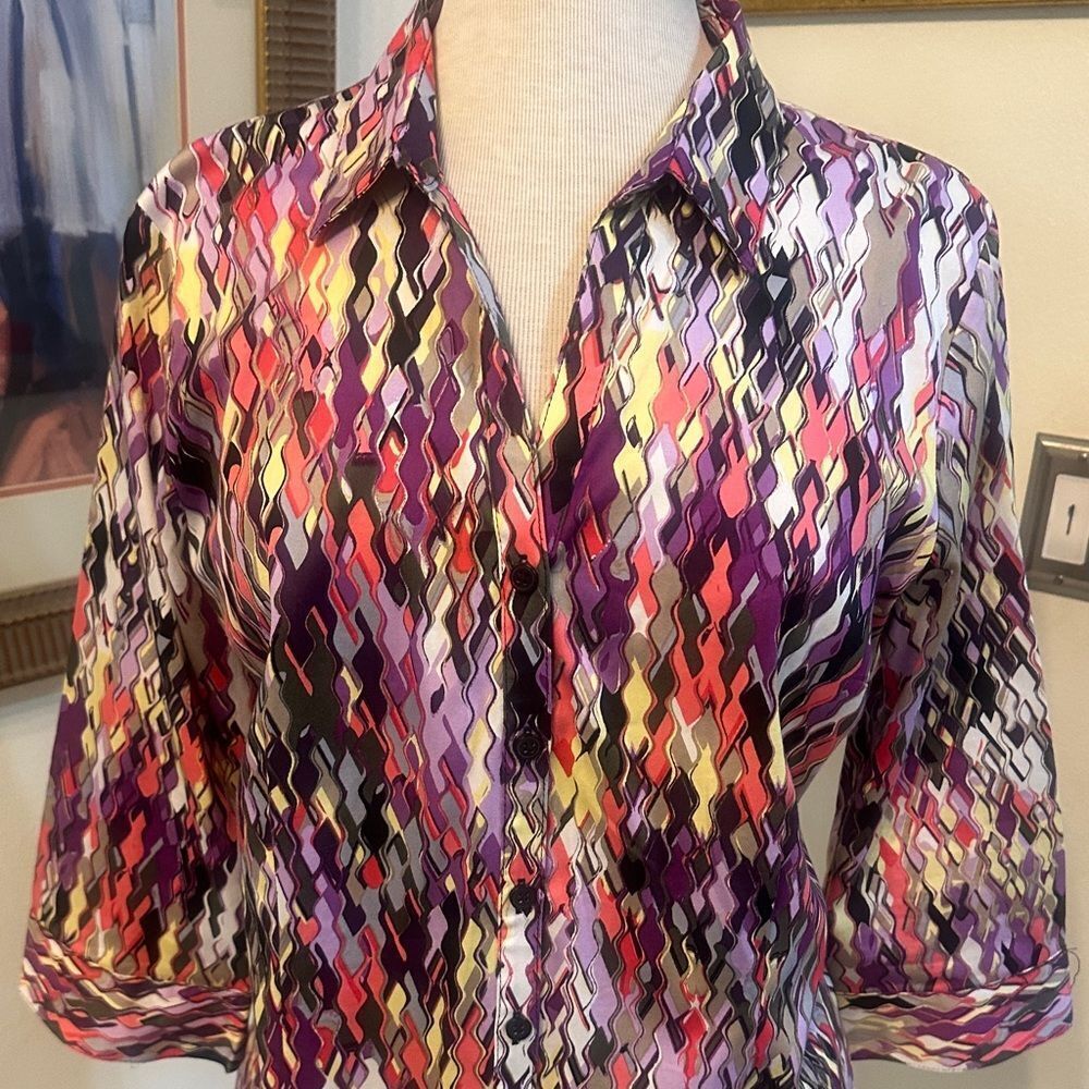 Dana Buchman Multicolor Patterned Button Down Top… - image 3